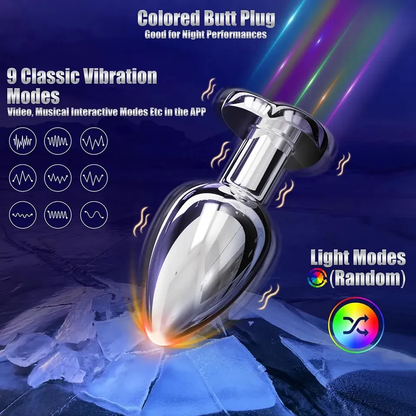 Colored butt plug with vibration and light mode features on a dark background